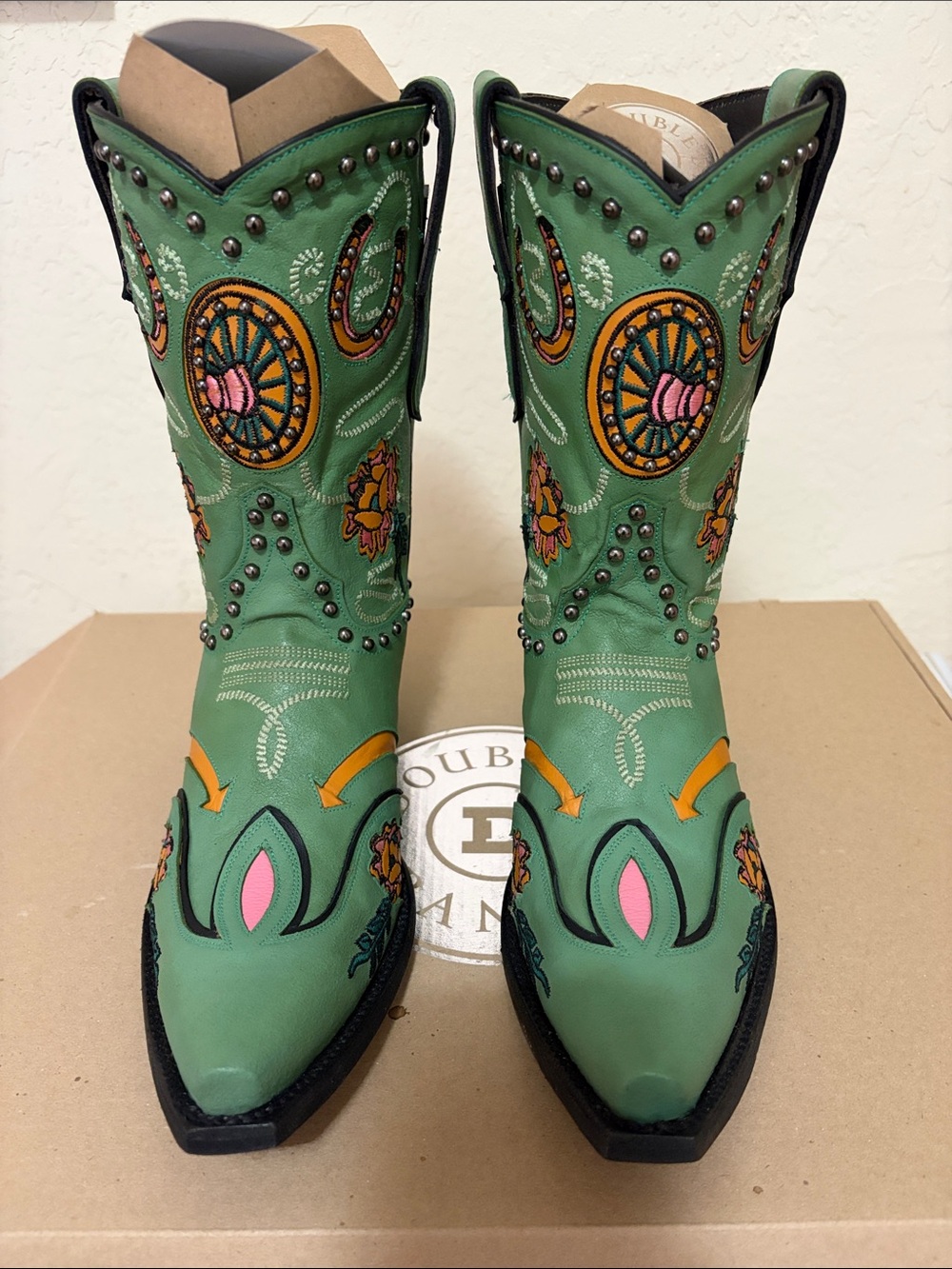 Double D Ranch Green Western Heeled Boots with Pink & Orange Embroidery